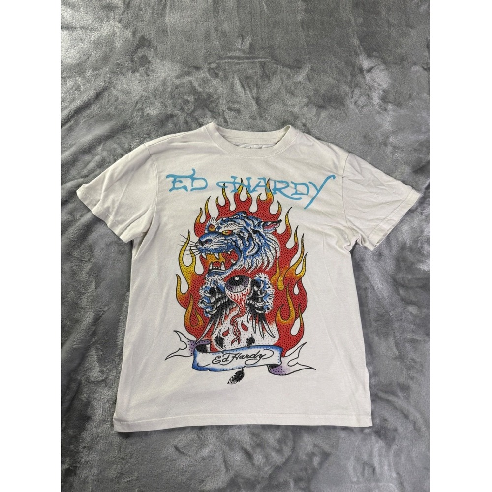 Ed Hardy Biker T-Shirt 2000s Mens S White Crew Neck Short Sleeve Rhinestone